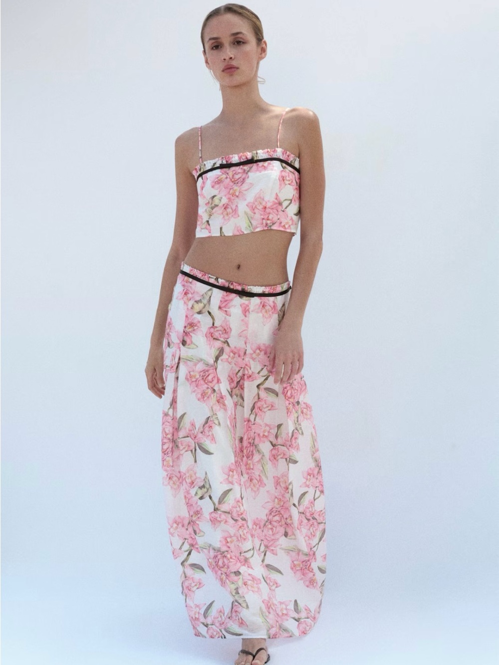 H&M NWT IVORY/PINK FLORAL  LINEN-BLEND PLEATED SKIRT